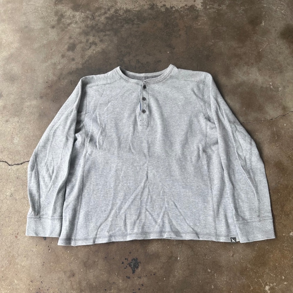 Eddie Bauer Henley Shirt Mens L Gray Excellent Waffle Knit Long Sleeve Thermal